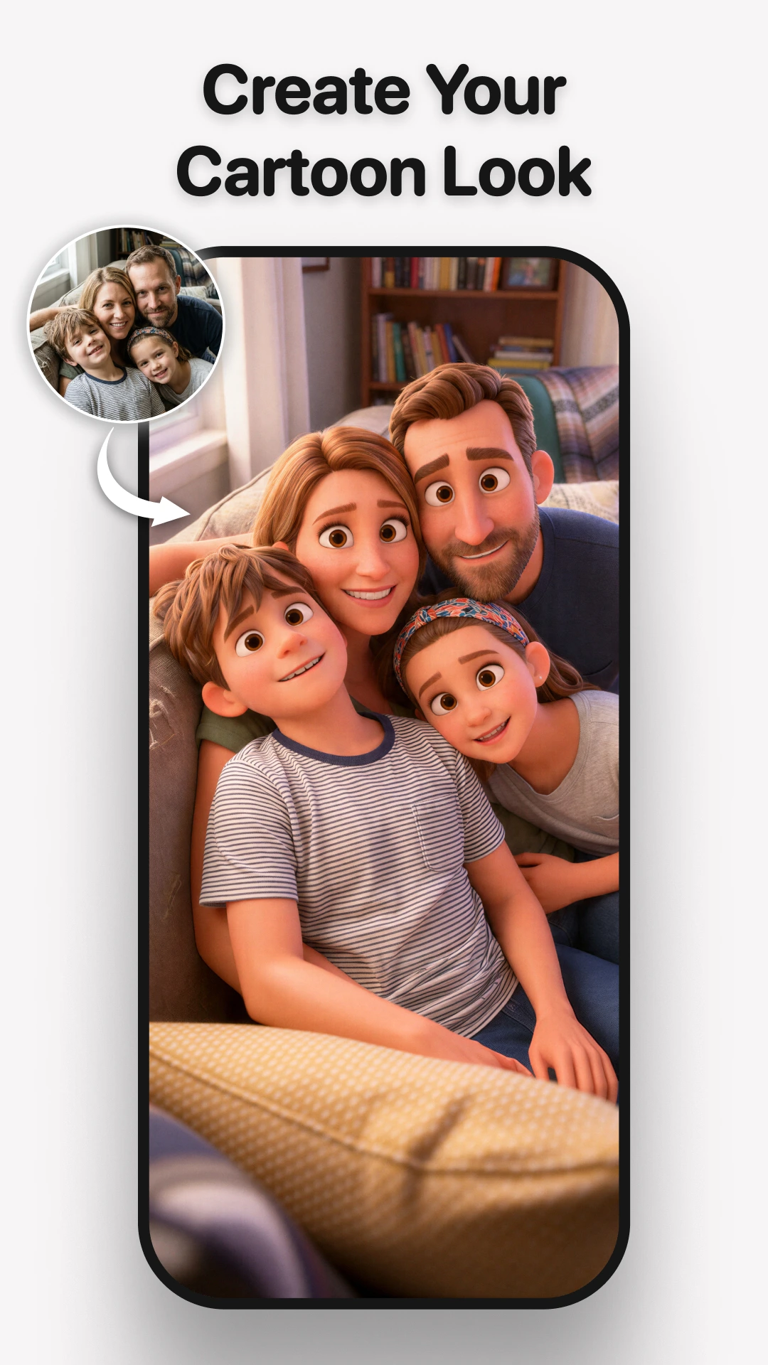 Official MePic screenshot showing a family cartoon transformation
